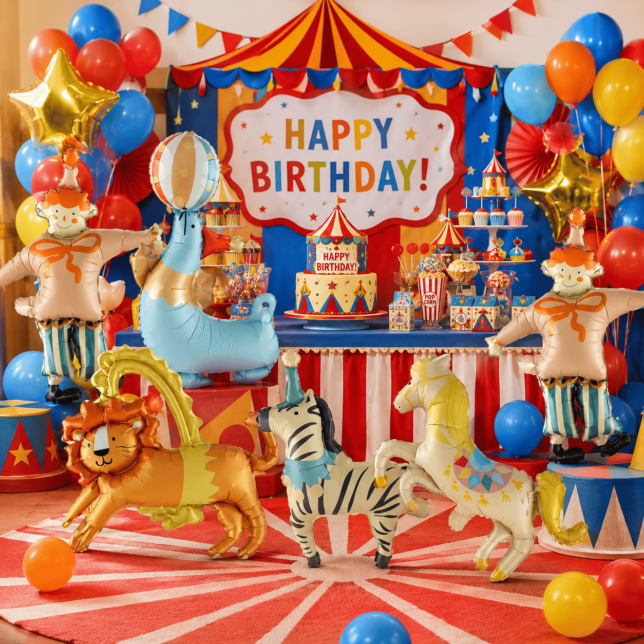Folyo Balon 6lı Set 14 inç Sirk Palyaço-fog-aslan at-zebralı