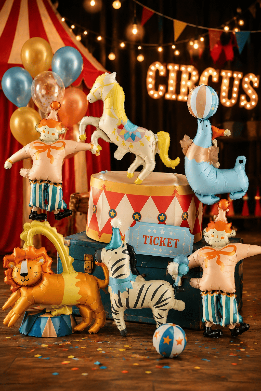 Folyo Balon 6lı Set 14 inç Sirk Palyaço-fog-aslan at-zebralı