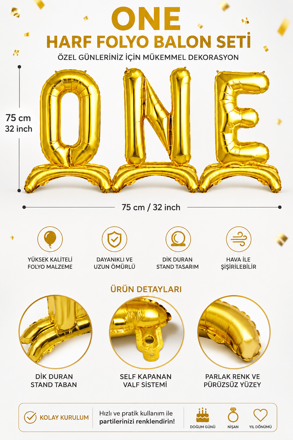 Folyo Balon 75 cm 32 inç GOLD Ayaklı ONE Yazılı 1 yaş folyo set