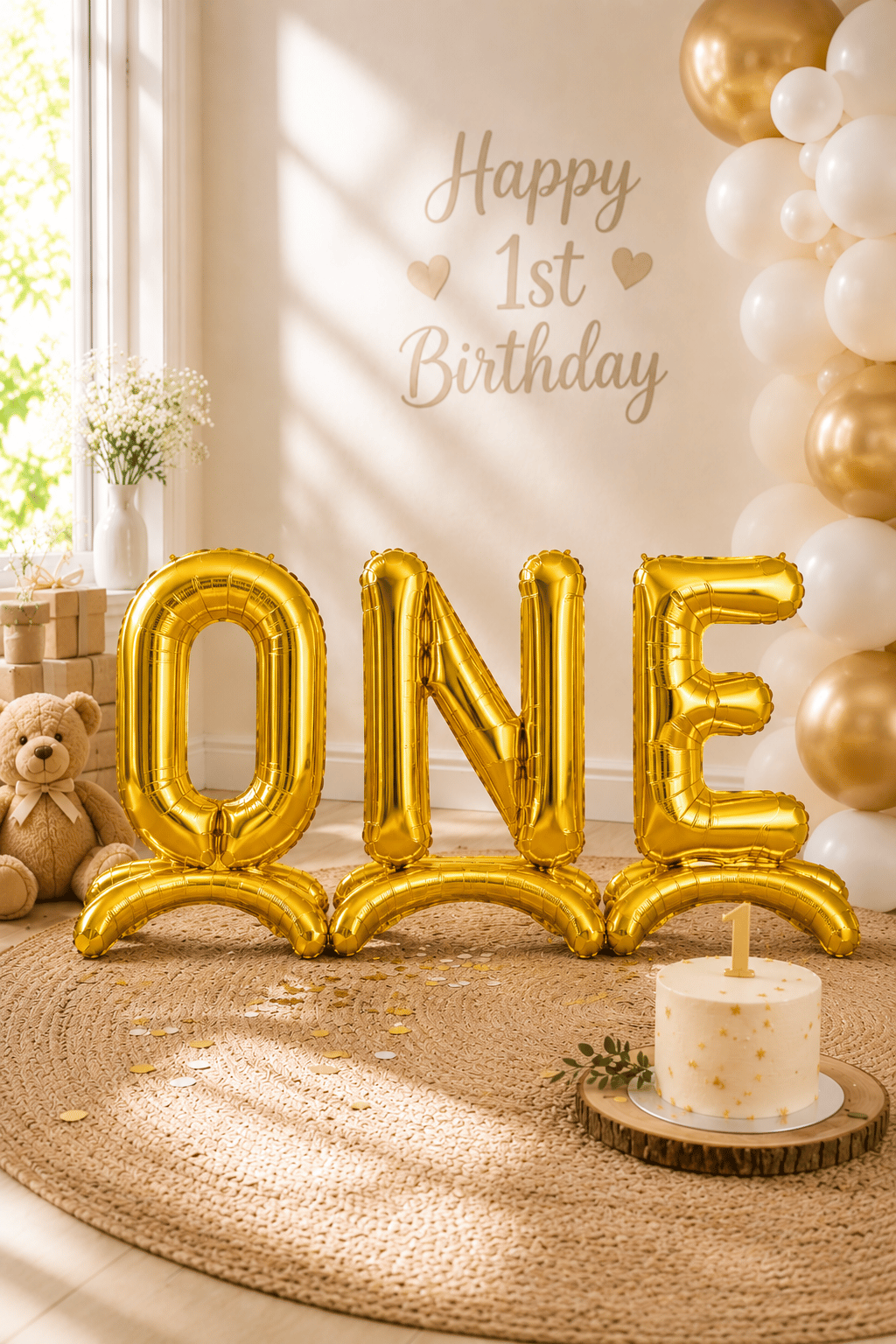 Folyo Balon 75 cm 32 inç GOLD Ayaklı ONE Yazılı 1 yaş folyo set