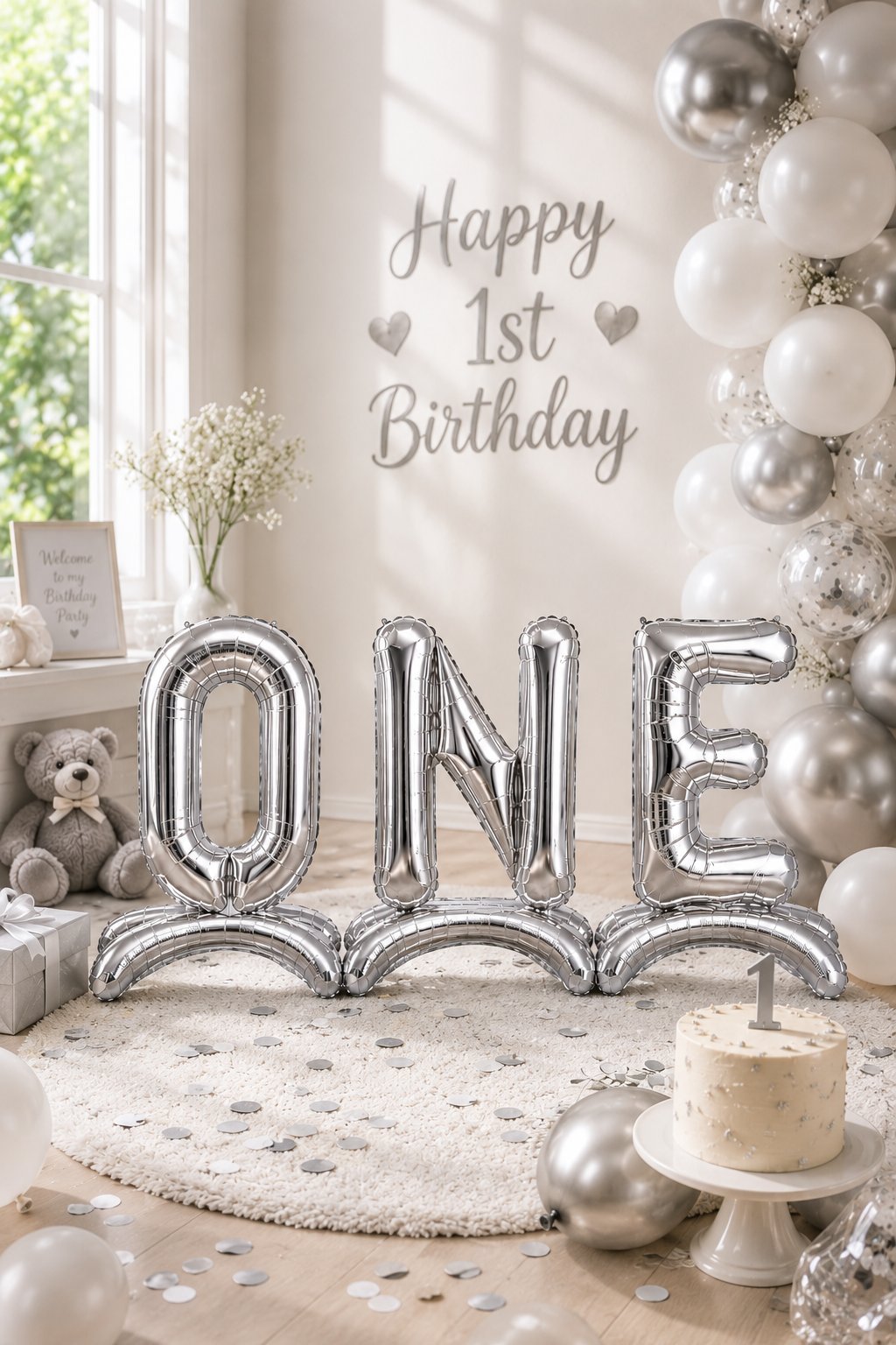 Folyo Balon 75 cm 32 inç GÜMÜŞ Ayaklı ONE Yazılı 1 yaş folyo set