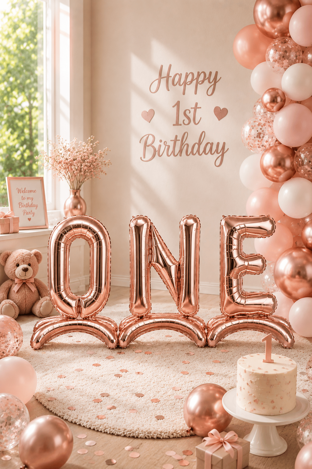 Folyo Balon 75 cm 32 inç ROSE GOLD Ayaklı ONE Yazılı 1 yaş folyo set