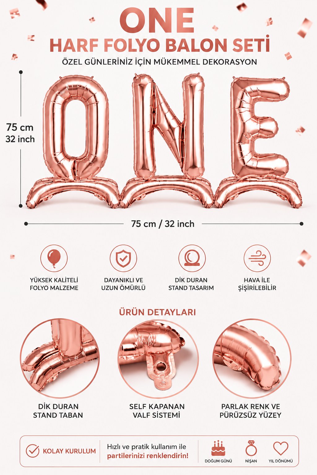 Folyo Balon 75 cm 32 inç ROSE GOLD Ayaklı ONE Yazılı 1 yaş folyo set