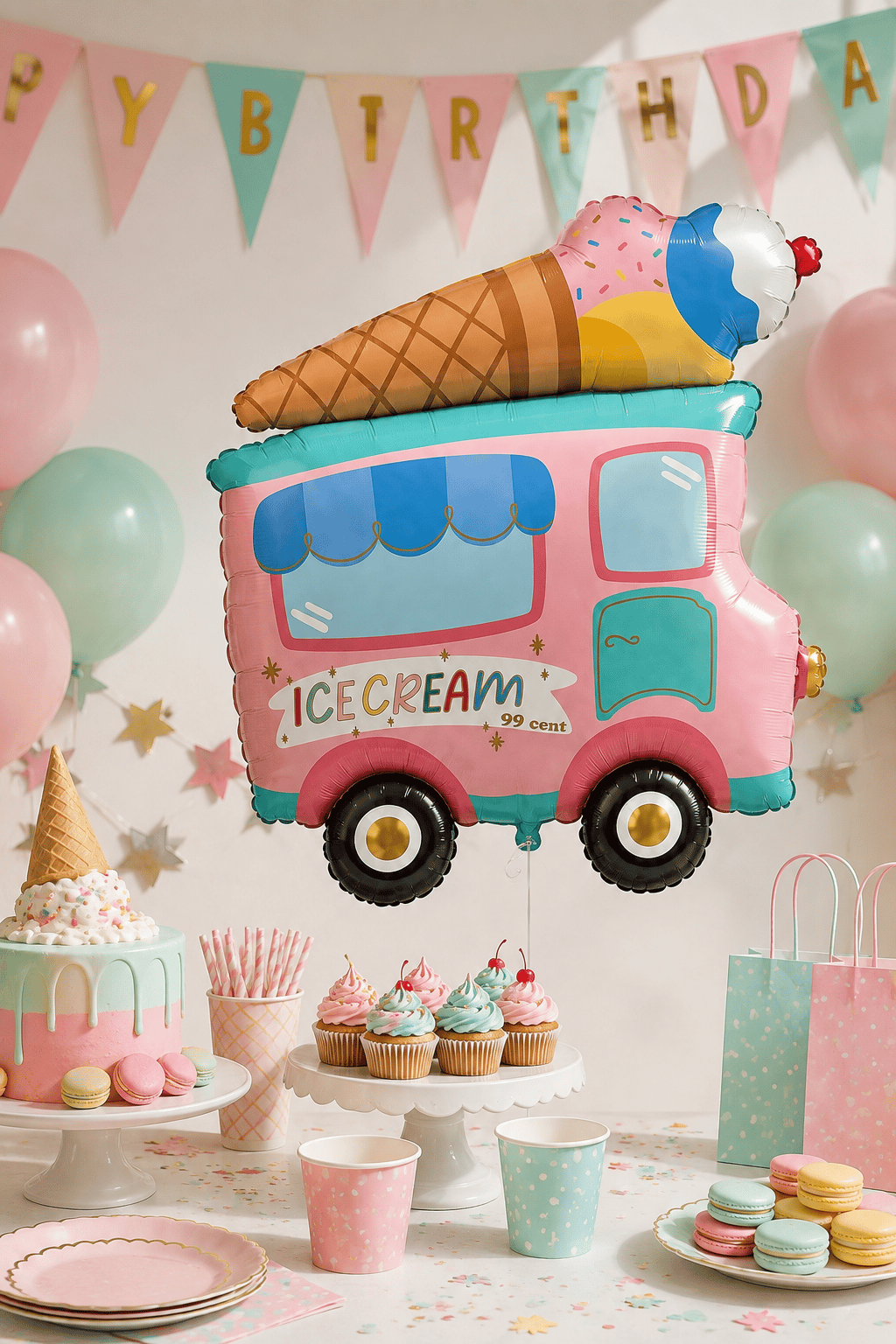 Folyo Balon Dondurma Arabası Makaron 70×58 Cm