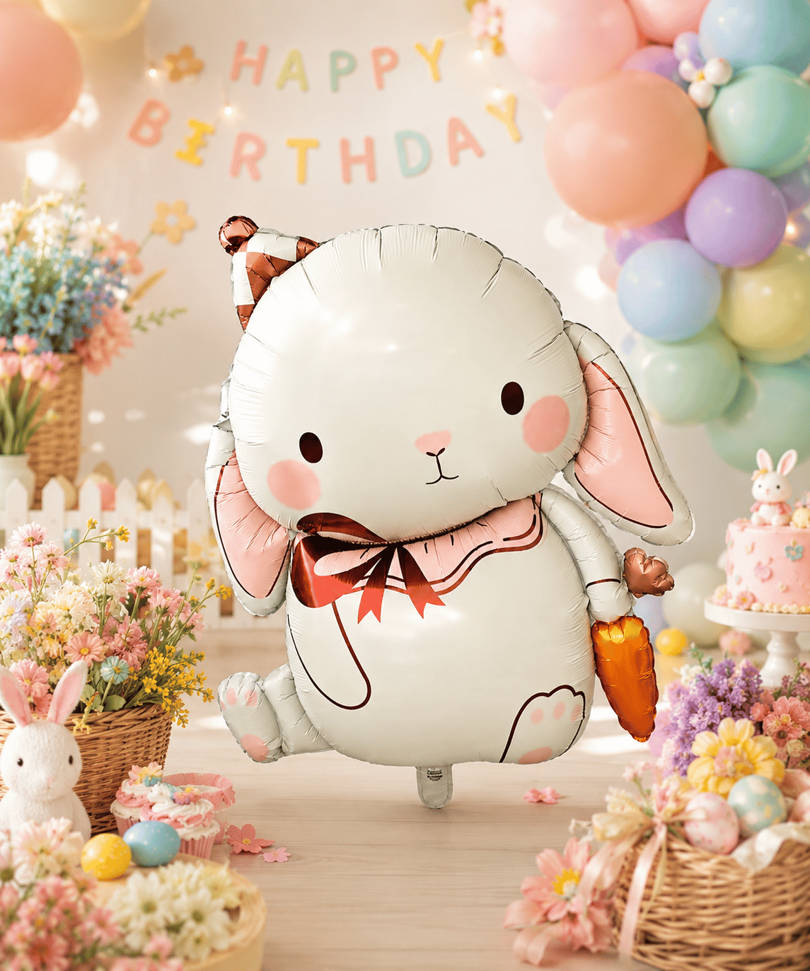 Folyo Balon Folyo Krem Tavşan 42*72 Cm havuçlu şapkalı