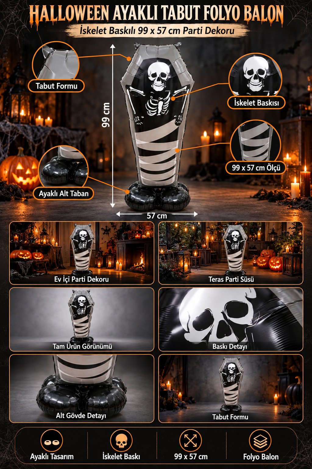 Folyo Balon Halloween Ayaklı Tabutta İskelet Folyo Balon 99-57 cm