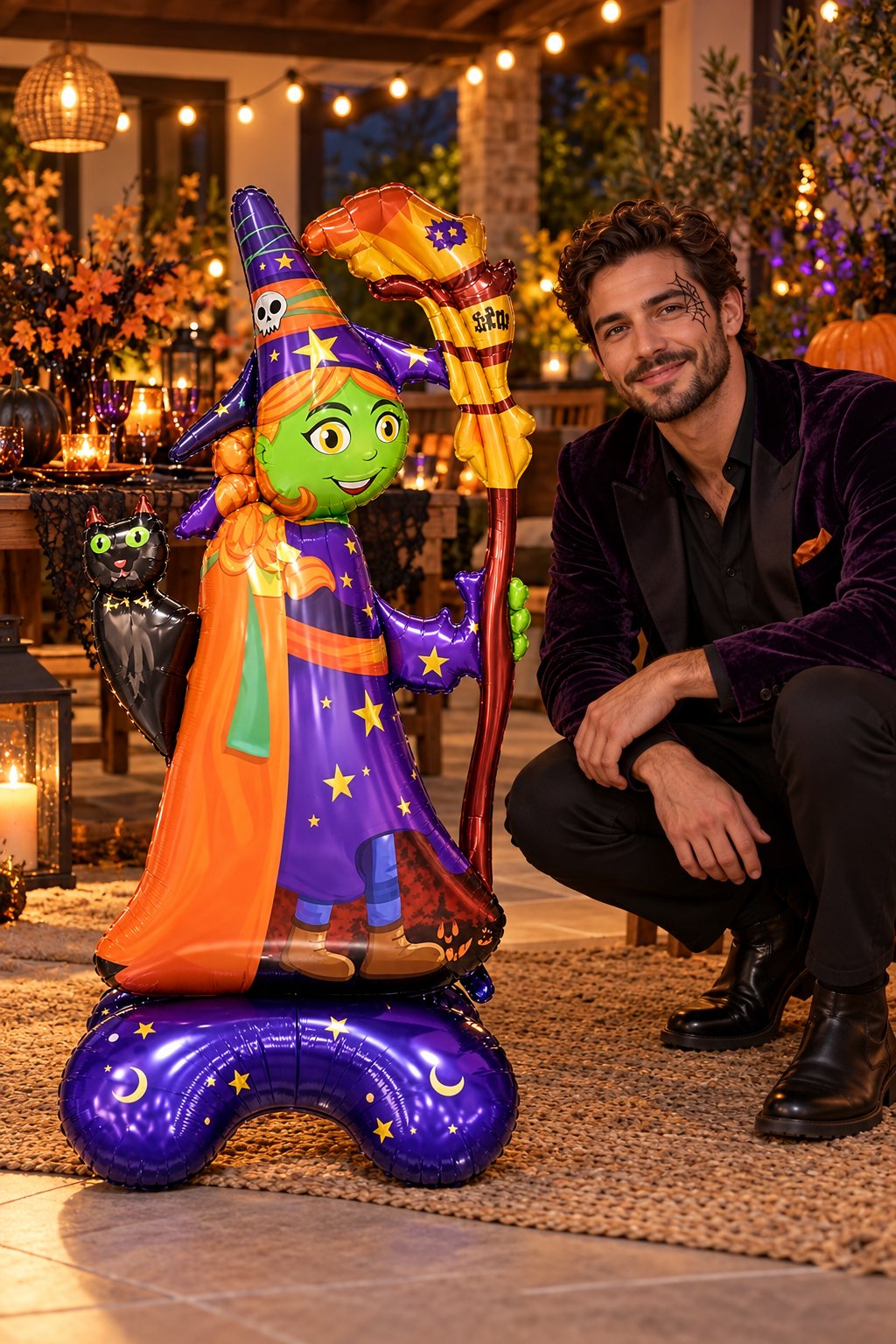 Folyo Balon Halloween Ayakta duran süpürgeli kedili cadı 128-65x45cm