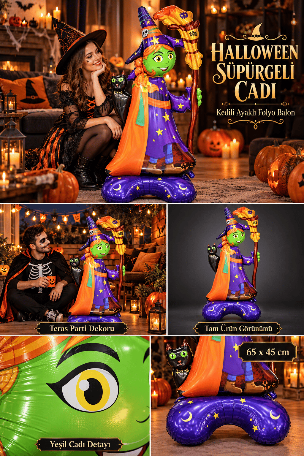 Folyo Balon Halloween Ayakta duran süpürgeli kedili cadı 128-65x45cm