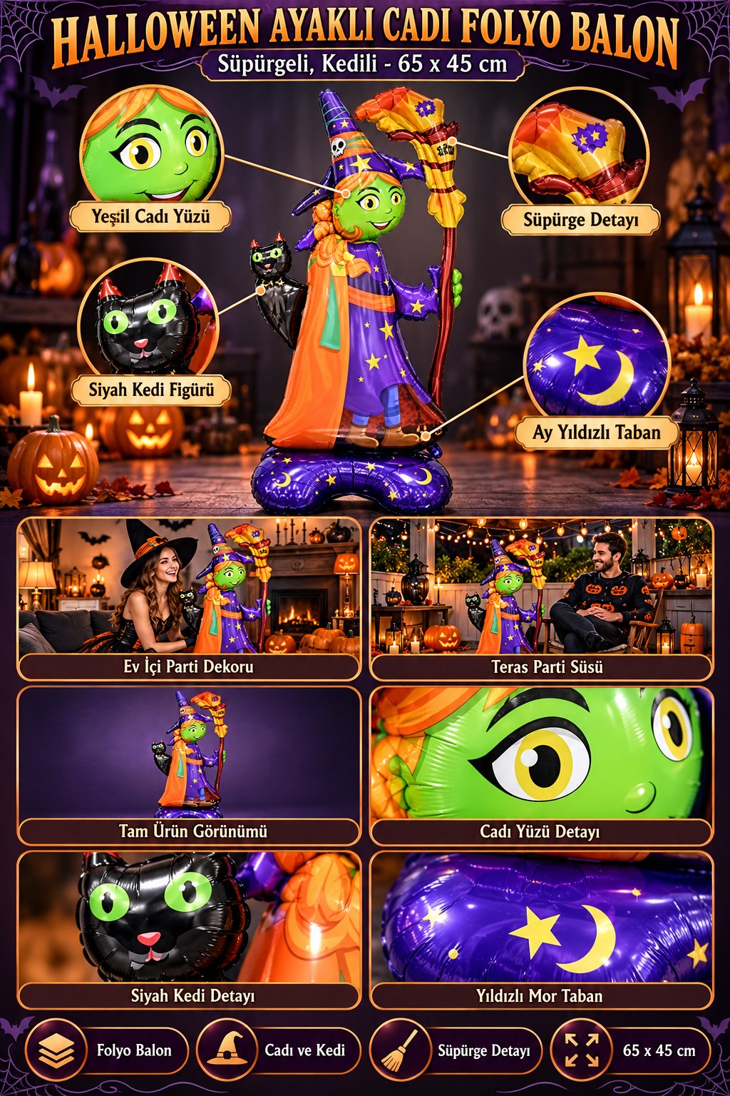Folyo Balon Halloween Ayakta duran süpürgeli kedili cadı 128-65x45cm