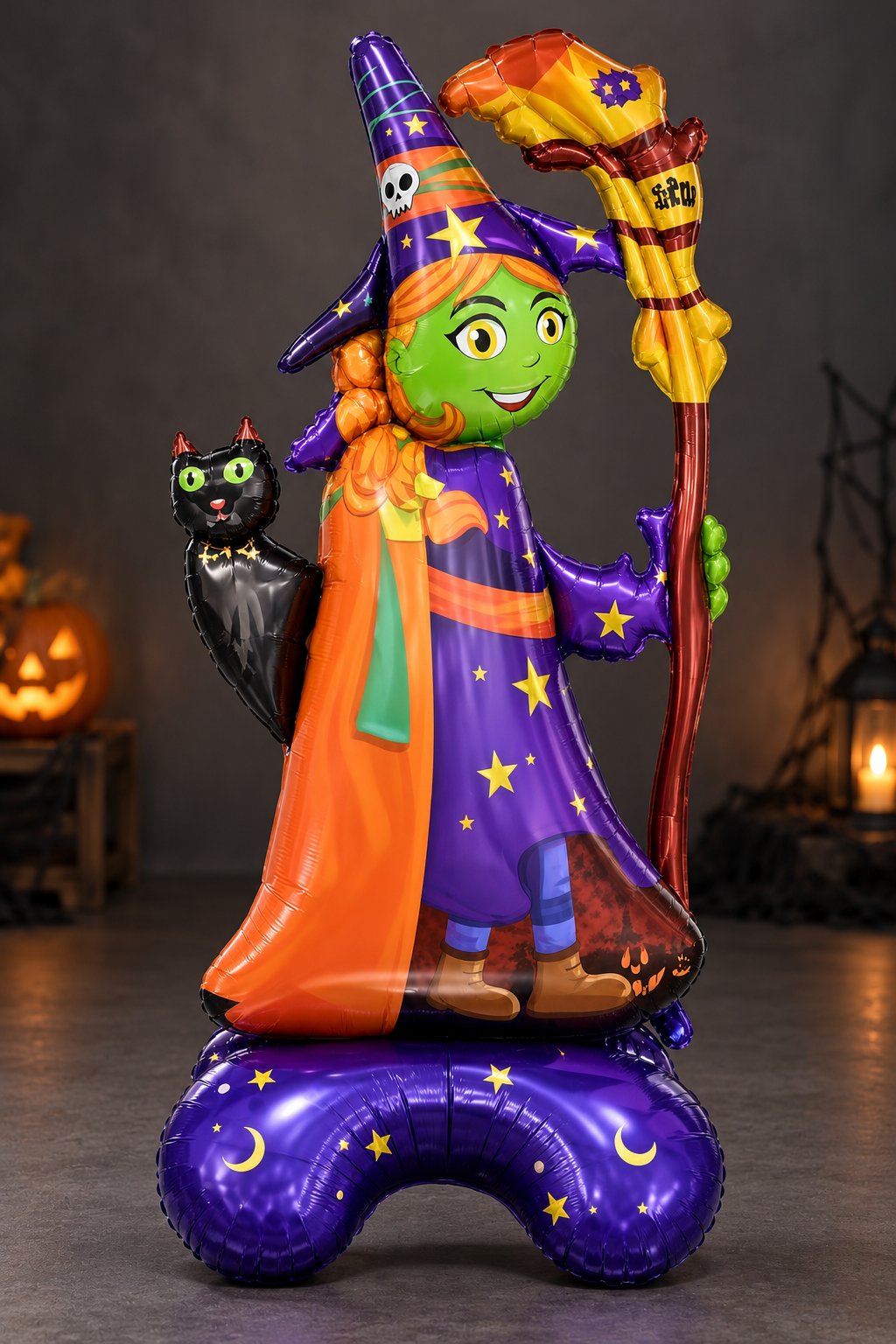 Folyo Balon Halloween Ayakta duran süpürgeli kedili cadı 128-65x45cm