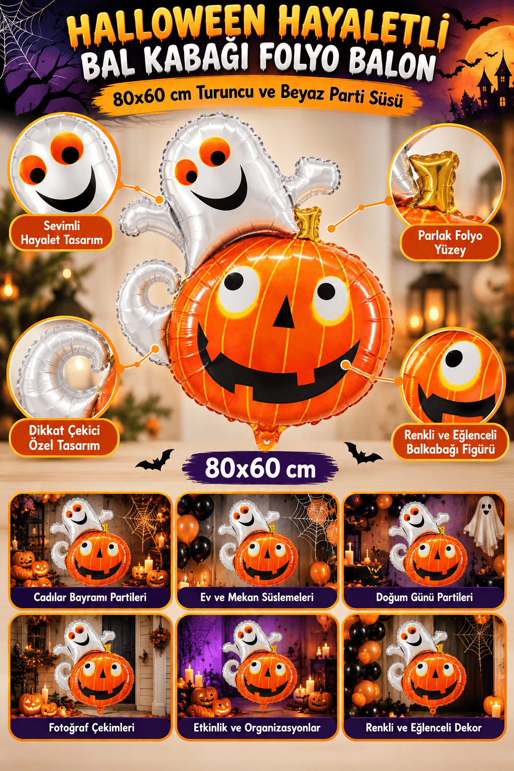 Folyo balon Halloween balkabağı hayaletli 80x60cm