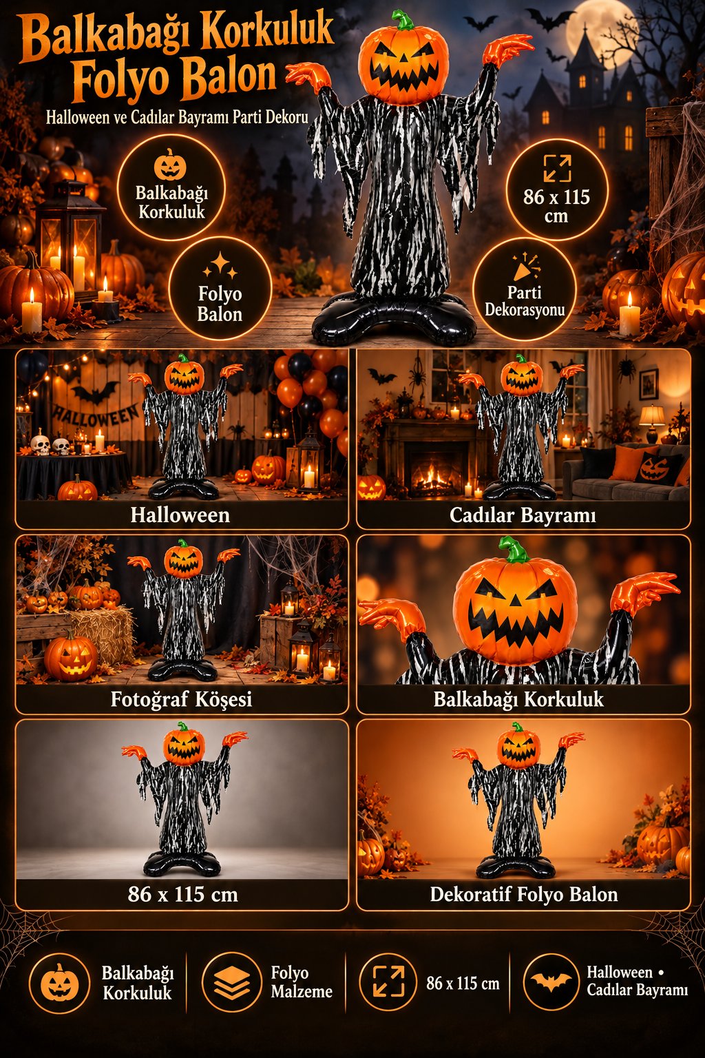 Folyo Balon Halloween Balkabağı Korkuluk  86x115 Cadılar Bayramı