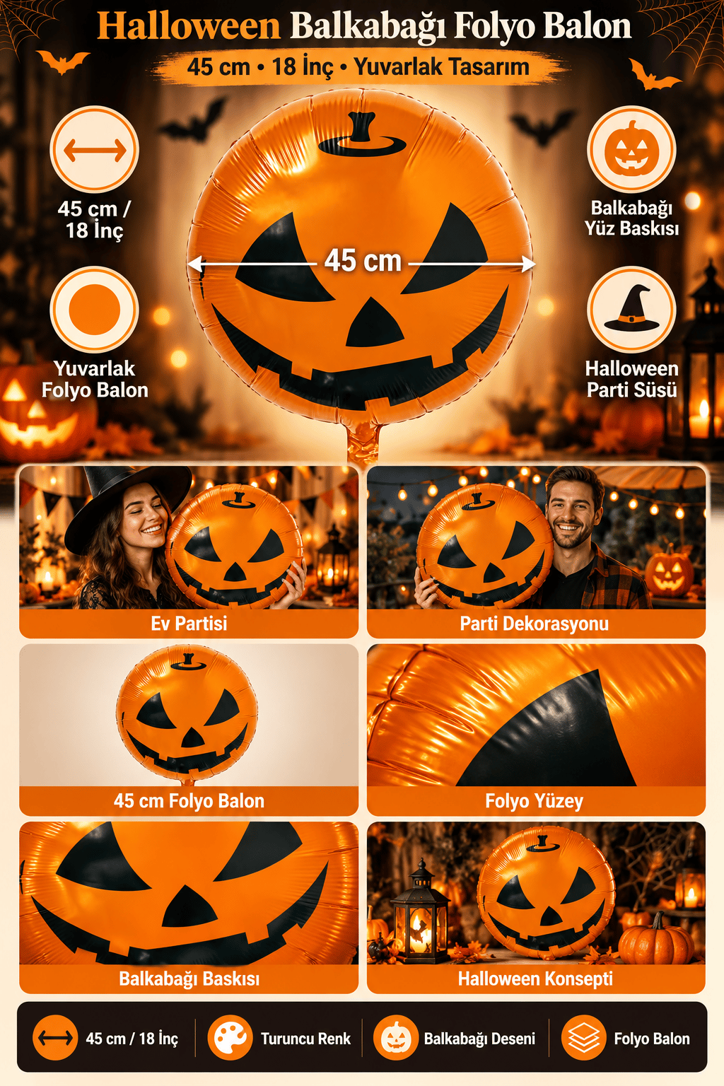 Folyo Balon Halloween Balkabağı Temalı Yuvarlak 18 İnç 45 CM