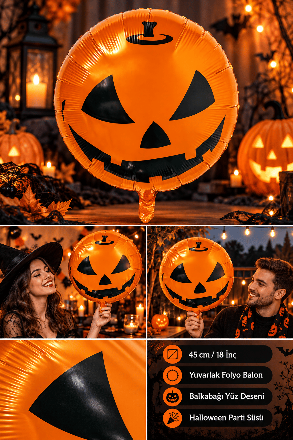 Folyo Balon Halloween Balkabağı Temalı Yuvarlak 18 İnç 45 CM