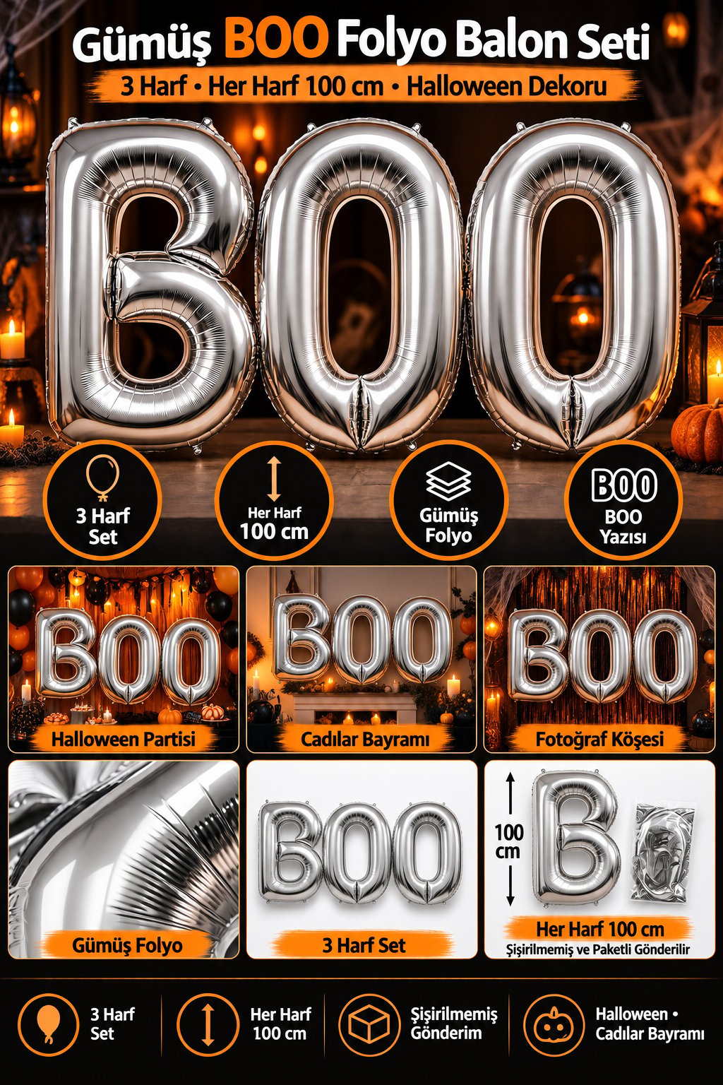 Folyo Balon Halloween BOO yazısı 100 cm 40inç gümüş set