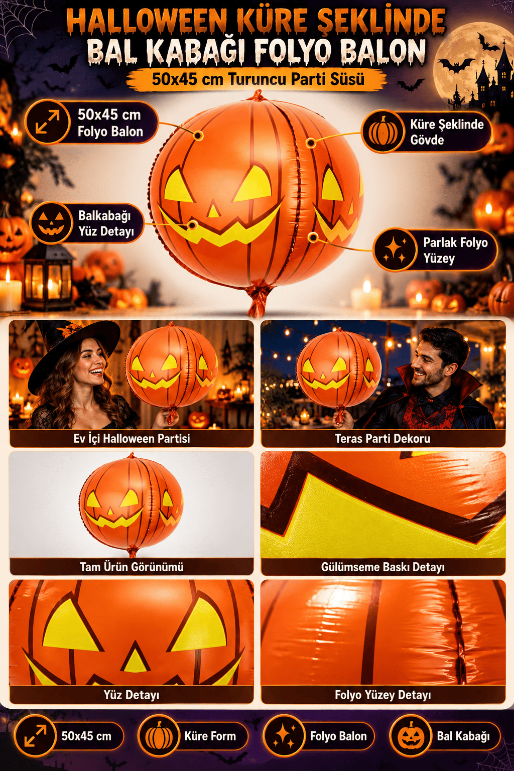 Folyo balon Halloween Küre Şeklinde balkabağı 50x45