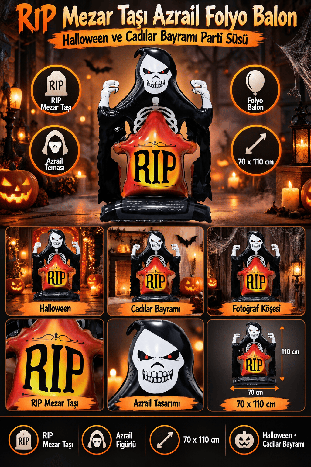 Folyo Balon Halloween RIP Mezar Taşı Azrail 70x110 Cadılar Bayramı