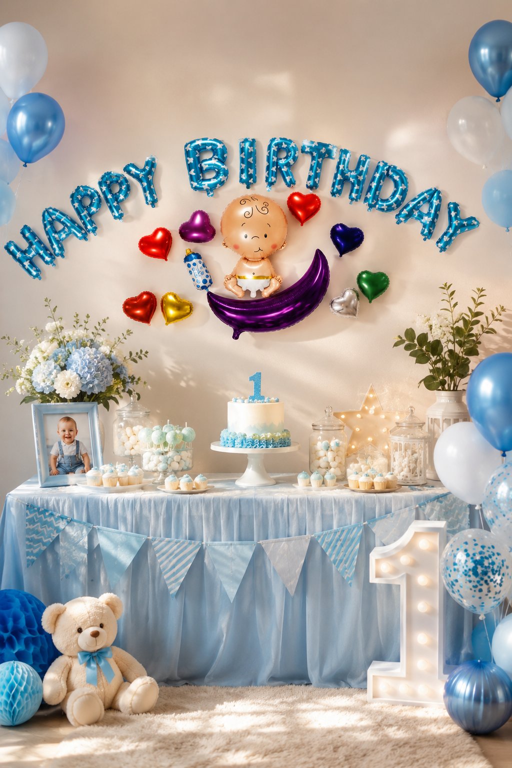 Folyo Balon Happy Birthday Mavi Bebekli Kalpli 320x40cm
