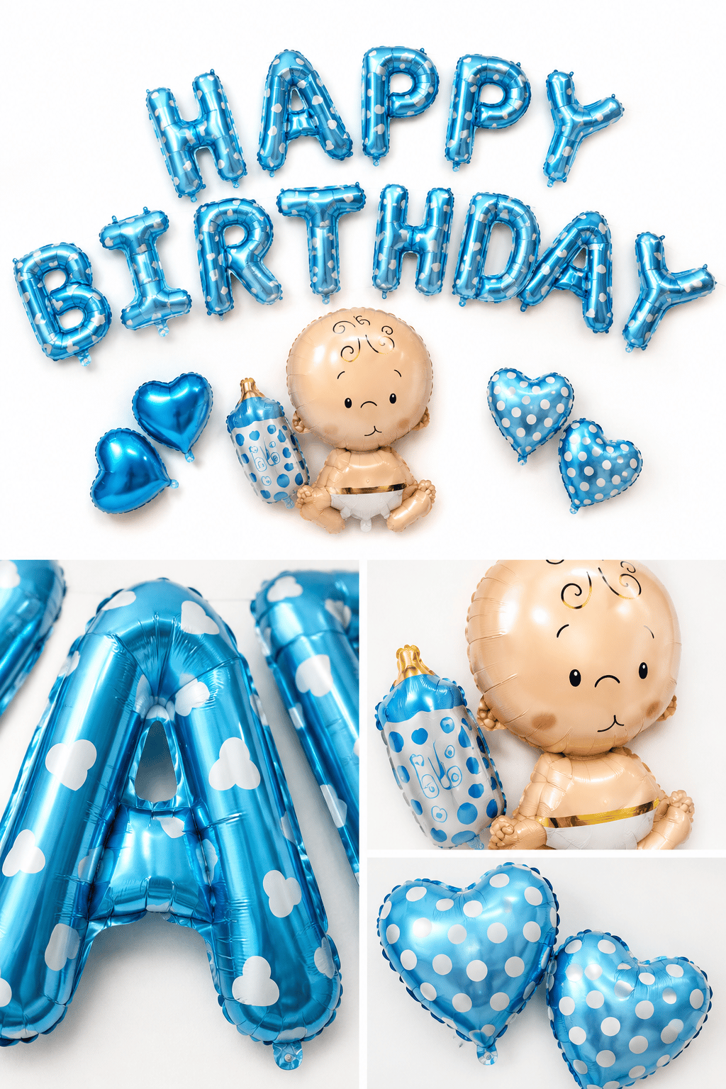 Folyo Balon Happy Birthday Mavi Bebekli Kalpli 320x40cm