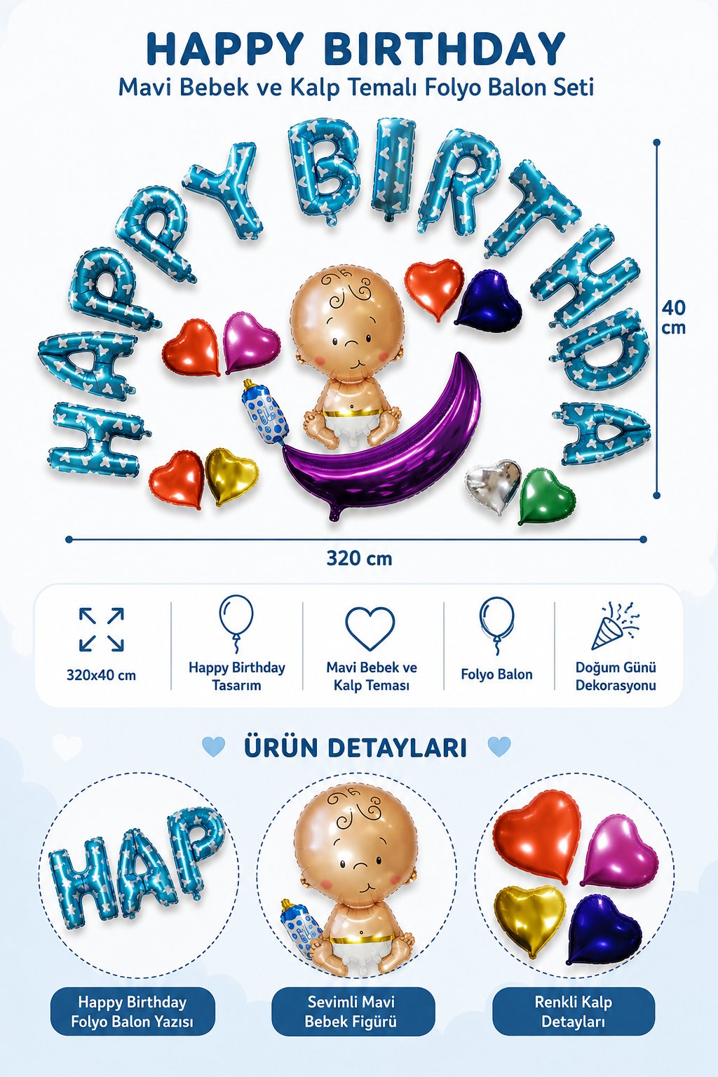 Folyo Balon Happy Birthday Mavi Bebekli Kalpli 320x40cm