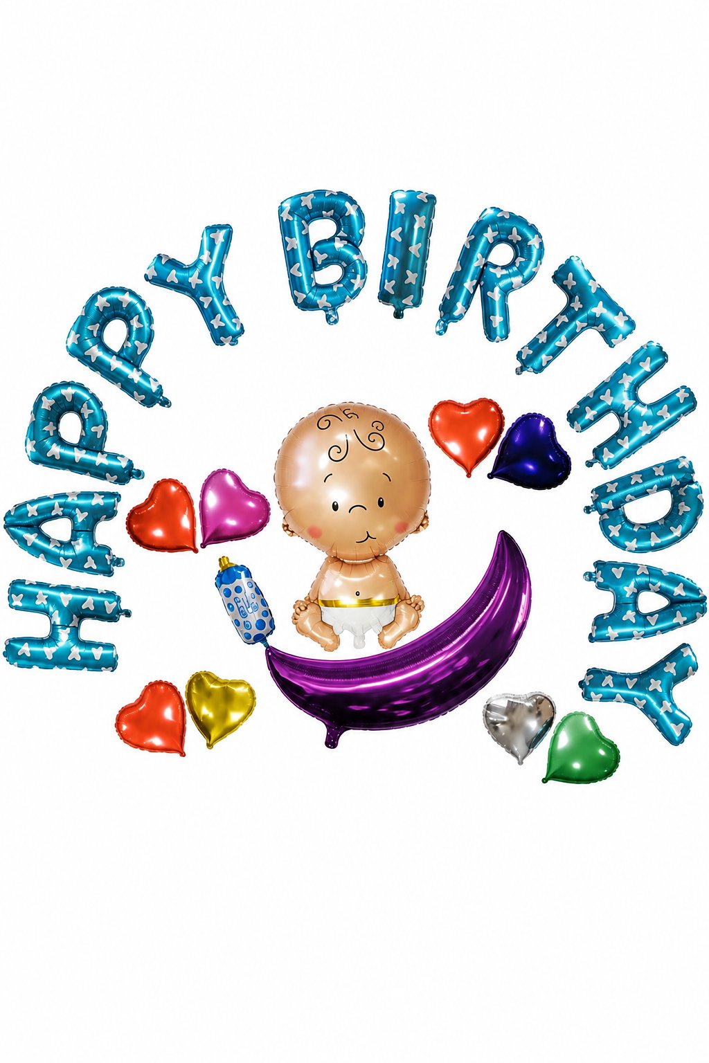 Folyo Balon Happy Birthday Mavi Bebekli Kalpli 320x40cm