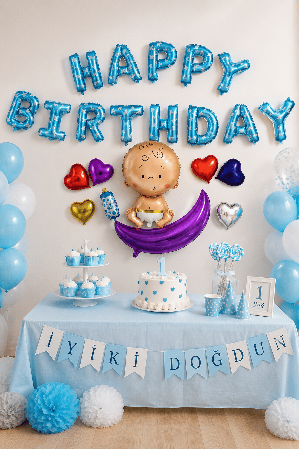 Folyo Balon Happy Birthday Mavi Bebekli Kalpli 320x40cm