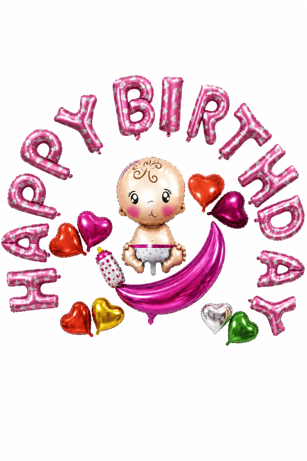 Folyo Balon Happy Birthday PEMBE Bebekli Kalpli 320x40cm