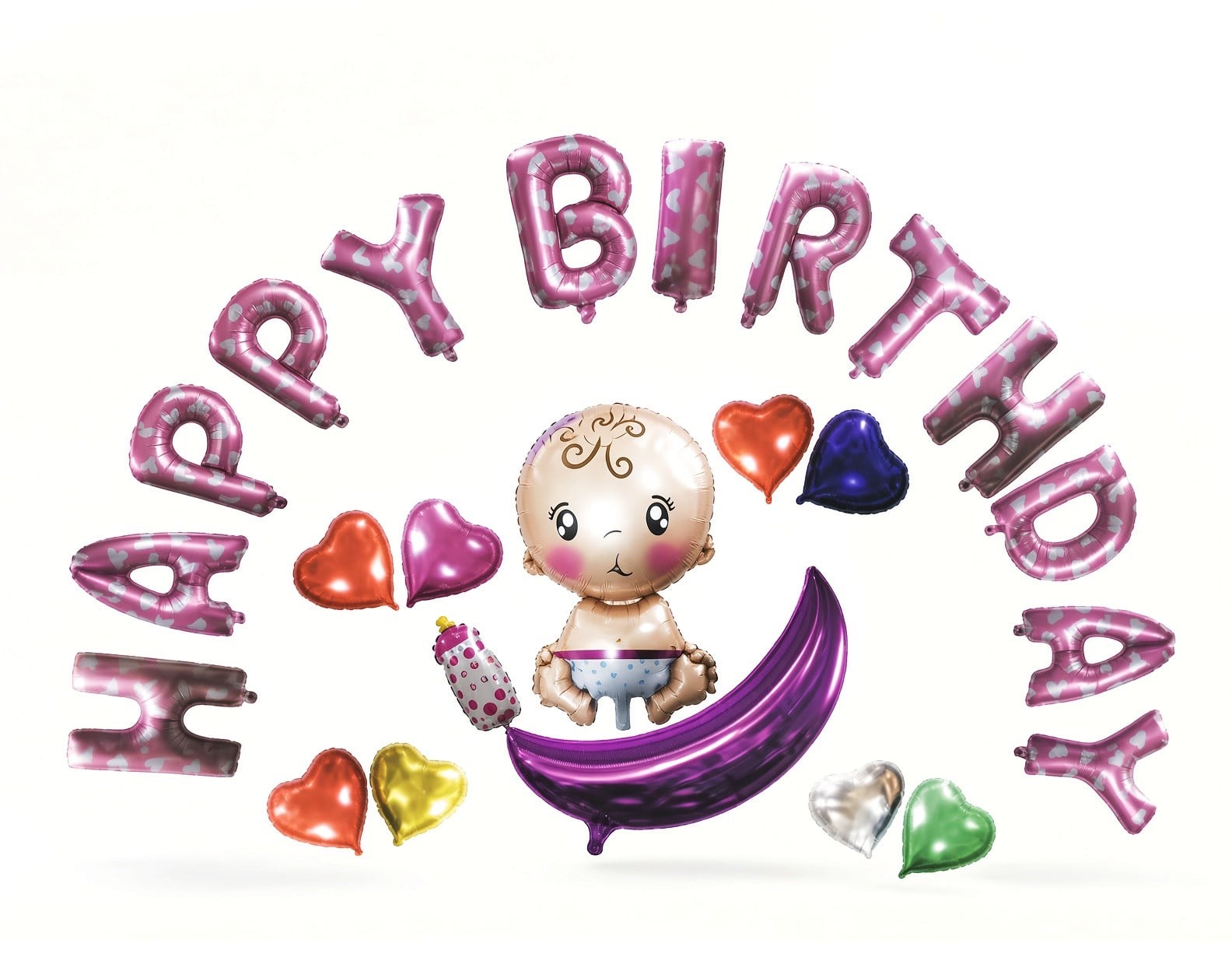 Folyo Balon Happy Birthday PEMBE Bebekli Kalpli 320x40cm