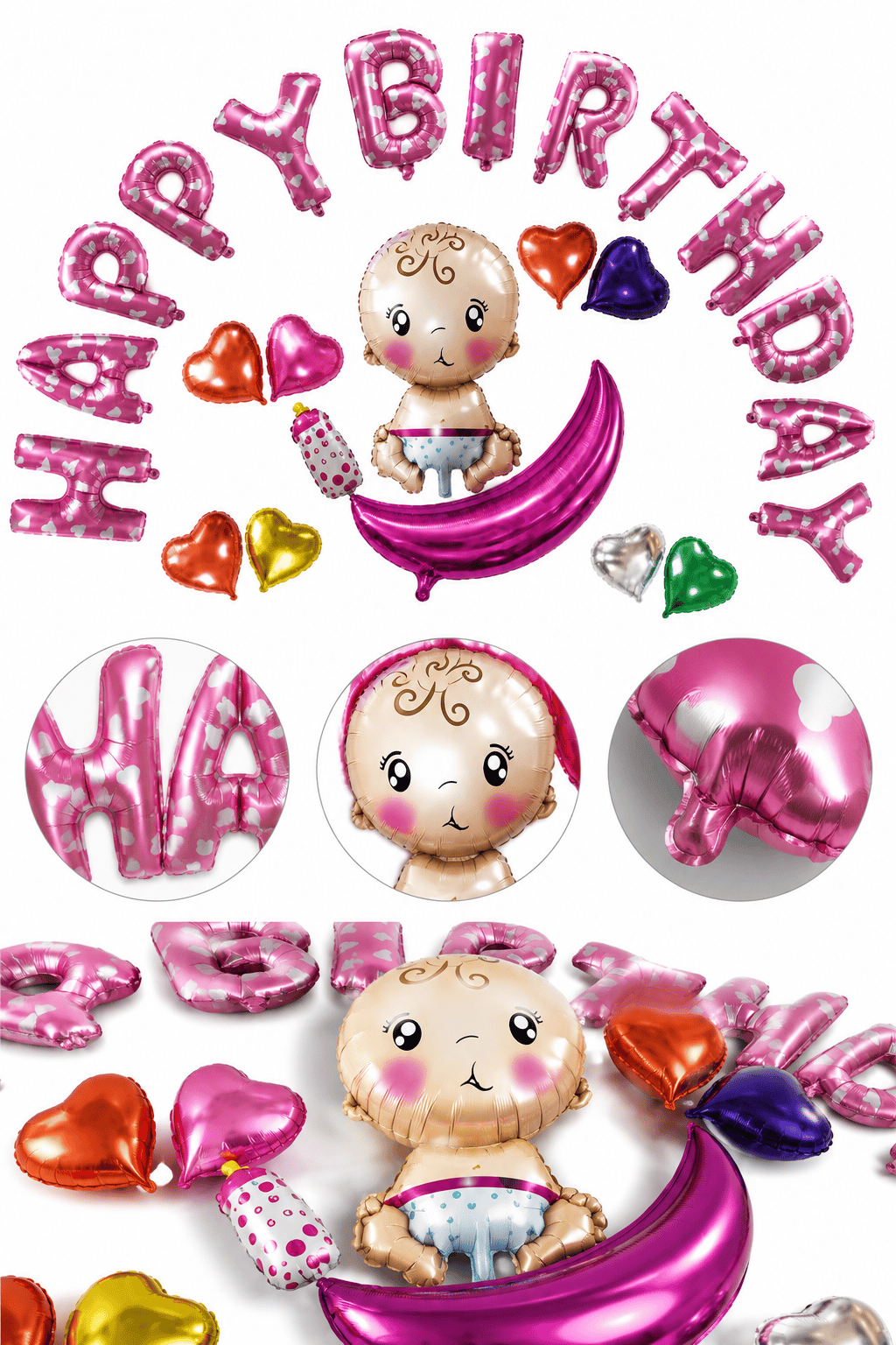 Folyo Balon Happy Birthday PEMBE Bebekli Kalpli 320x40cm
