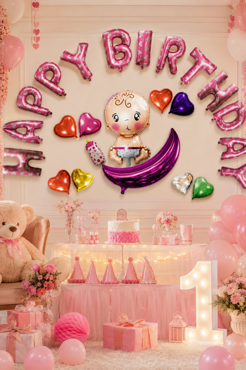 Folyo Balon Happy Birthday PEMBE Bebekli Kalpli 320x40cm