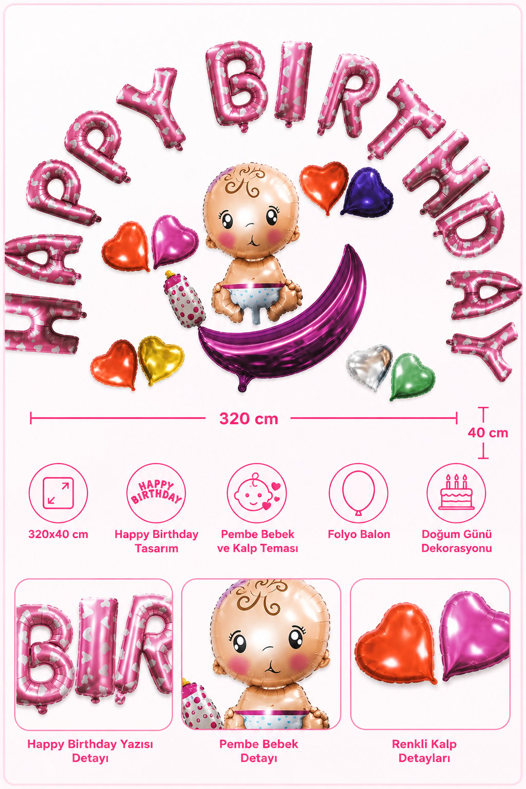 Folyo Balon Happy Birthday PEMBE Bebekli Kalpli 320x40cm