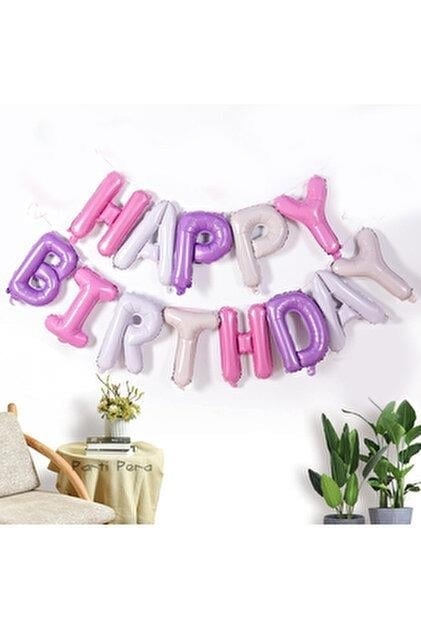 Folyo Balon Happy Birthday Pembe Mor Harf  Balon Set 35 cm
