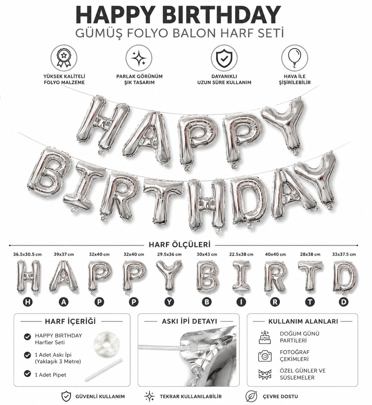 Folyo Balon Happy Birthday Yazı Gümüş set 13 harf ipli
