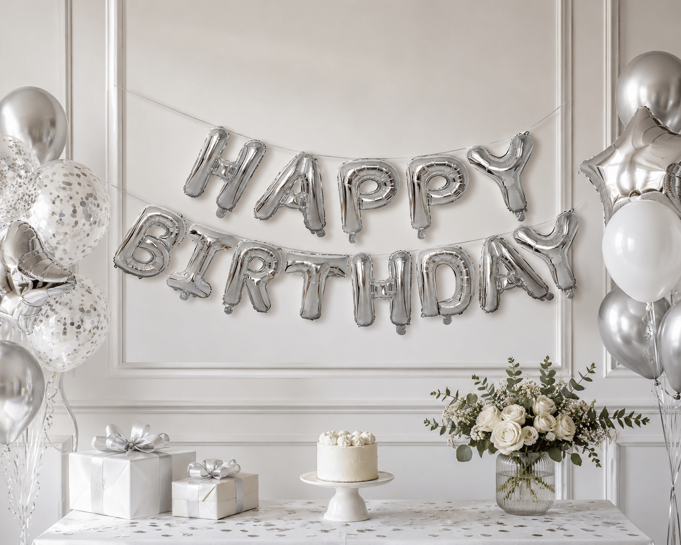Folyo Balon Happy Birthday Yazı Gümüş set 13 harf ipli