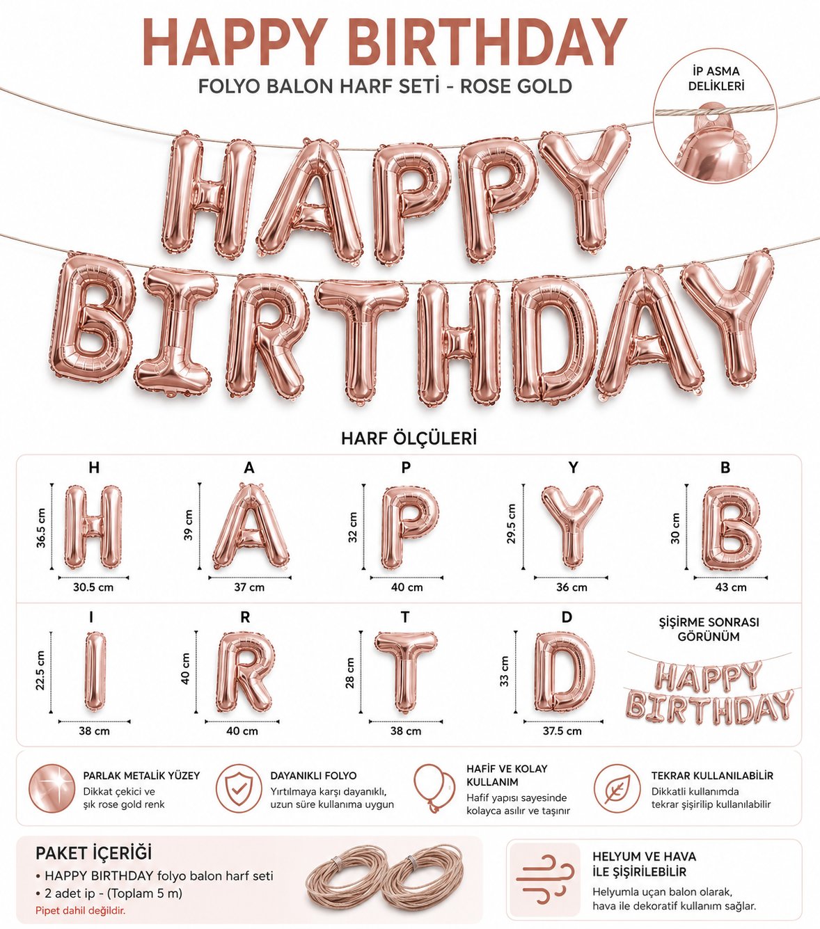 Folyo Balon Happy Birthday Yazı Rosegold set 13 harf ipli