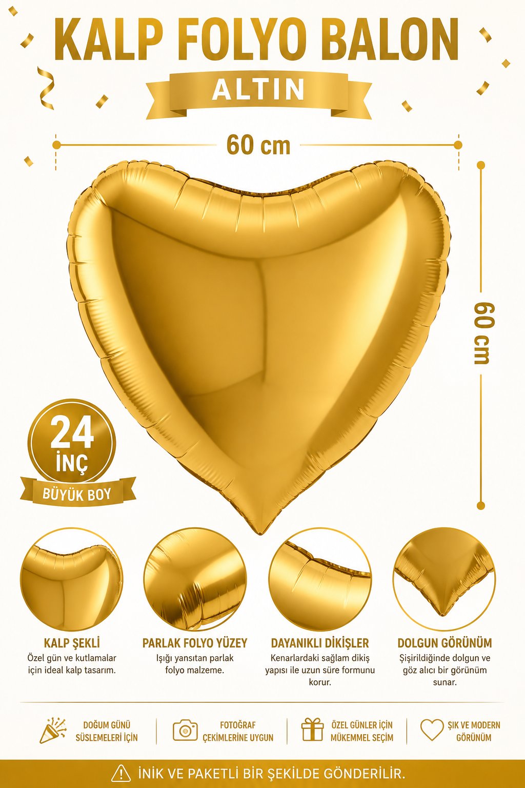 Folyo Balon Kalp Altın 24 İnç 60 cm Gold Doğum Günü Nişan Söz Düğün Parti Süsleme Dekor Balonu