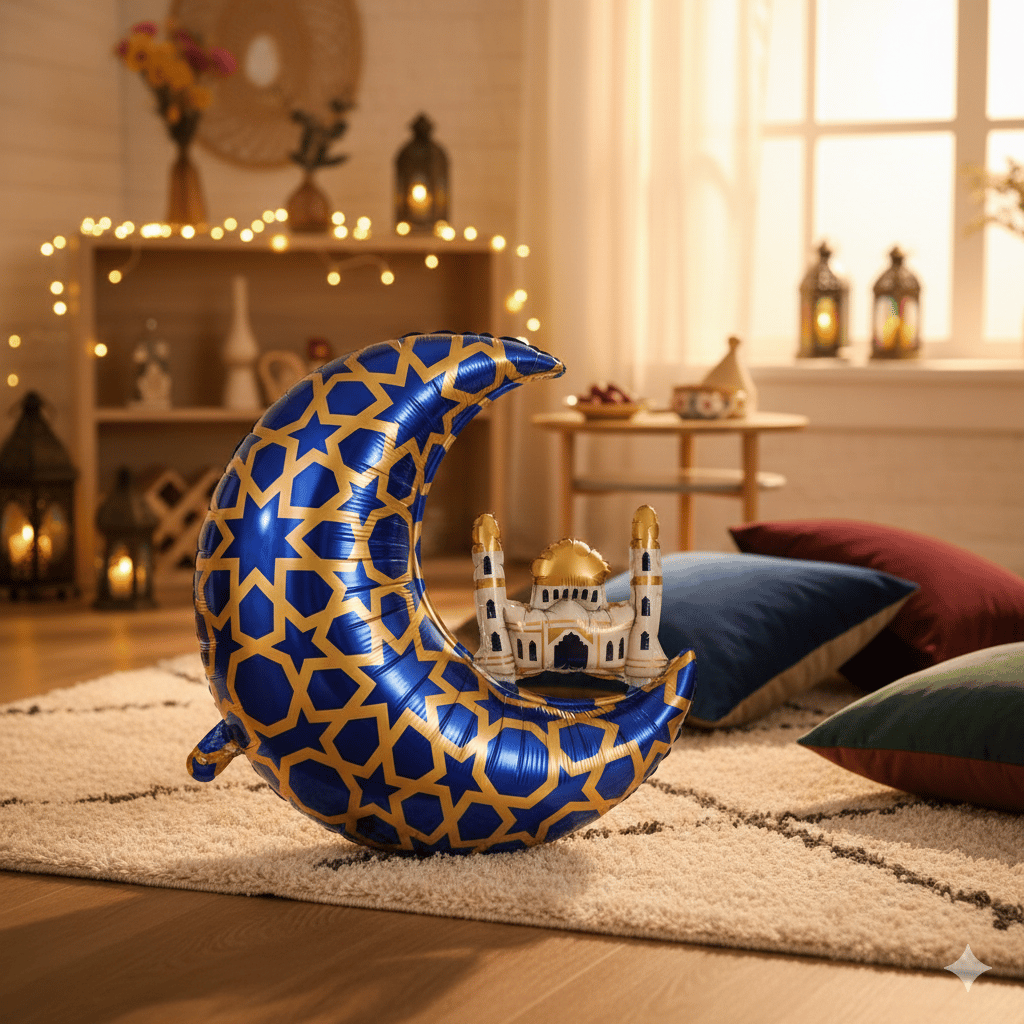 Folyo Balon Mavi Gold Desenli Cami Figürlü Hilal 65x63