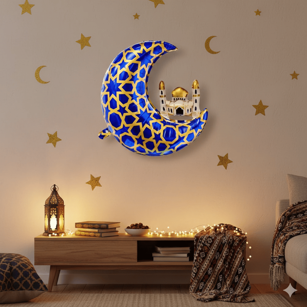 Folyo Balon Mavi Gold Desenli Cami Figürlü Hilal 65x63