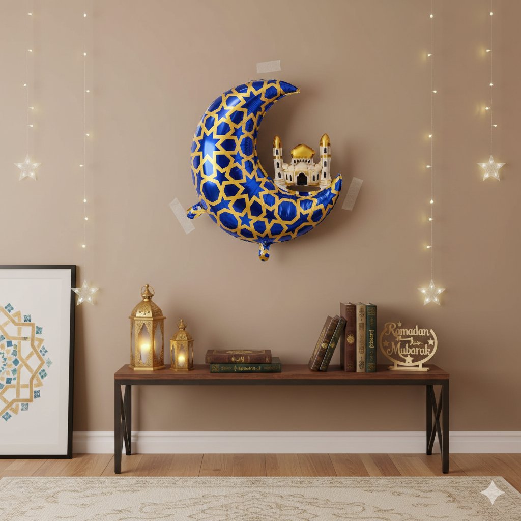 Folyo Balon Mavi Gold Desenli Cami Figürlü Hilal 65x63