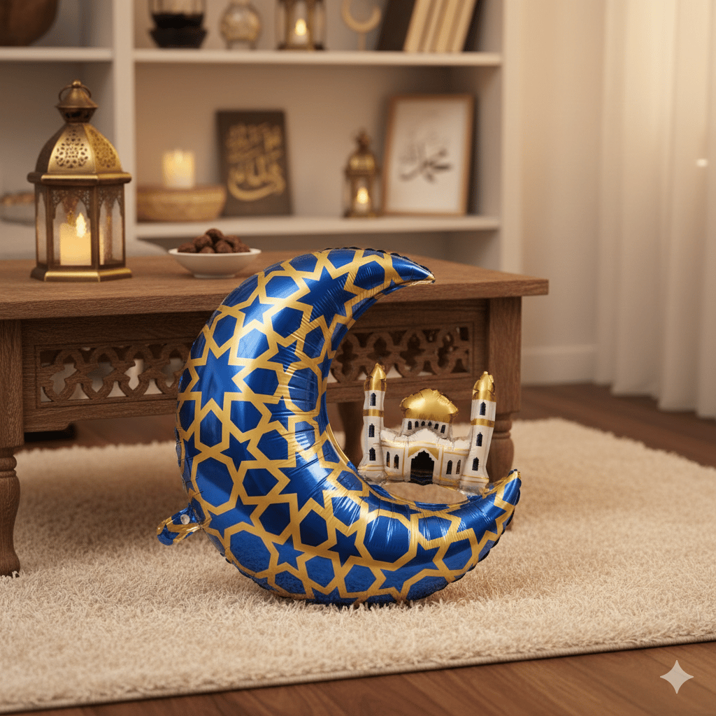 Folyo Balon Mavi Gold Desenli Cami Figürlü Hilal 65x63