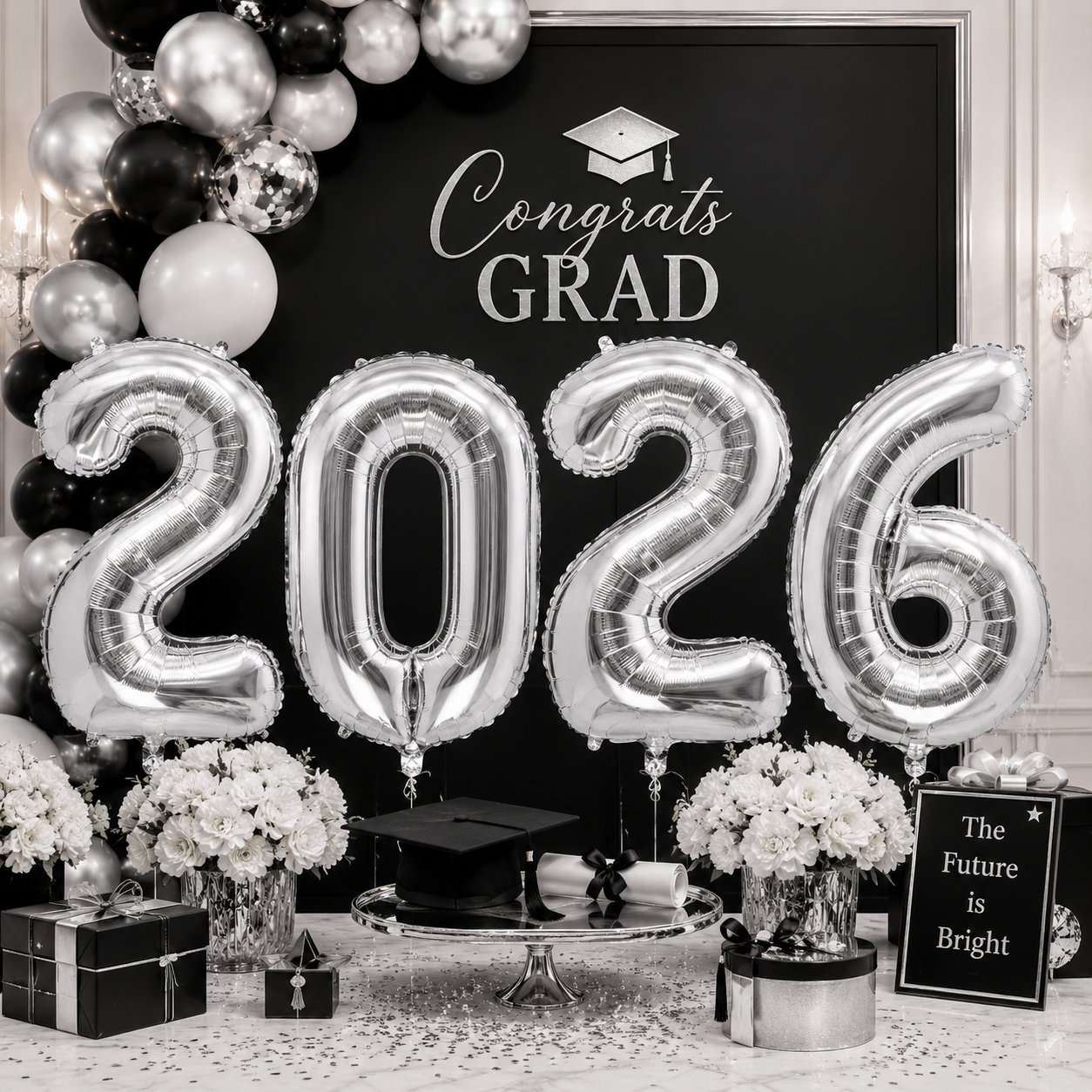 Folyo Balon Mezuniyet 2026 Gümüş-Silver set 40 inç 100 cm 4 rakam
