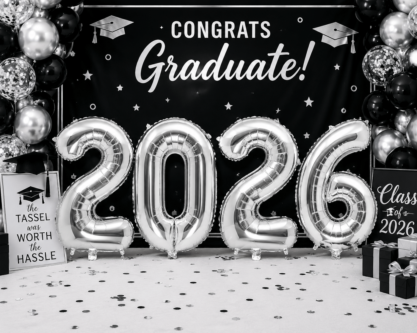Folyo Balon Mezuniyet 2026 Gümüş-Silver set 40 inç 100 cm 4 rakam