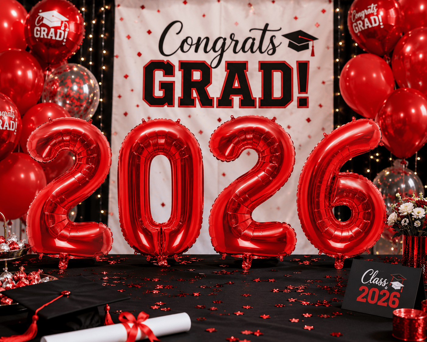 Folyo Balon Mezuniyet 2026 Kırmızı set 40 inç 100 cm 4 rakam