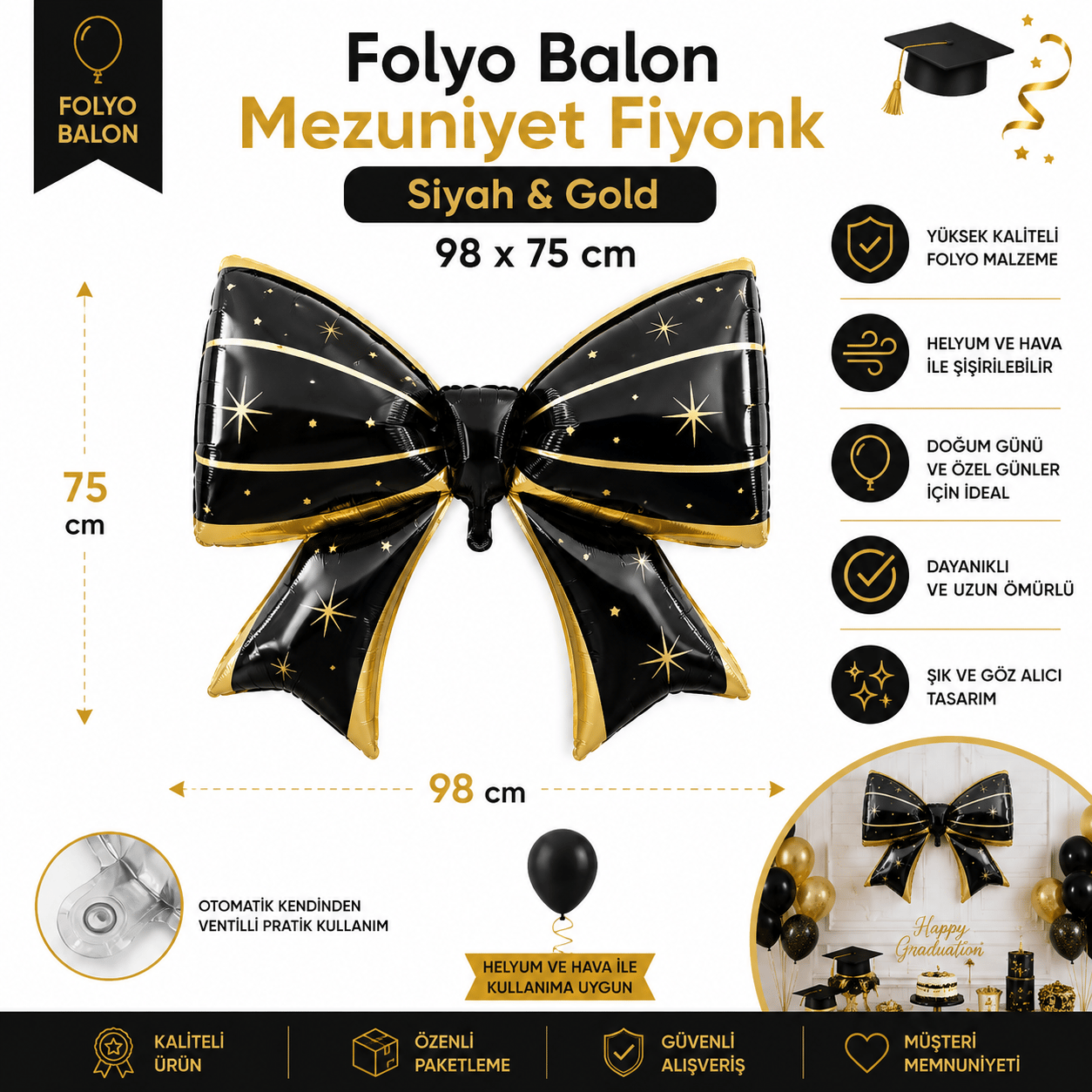 Folyo Balon Mezuniyet Fiyonk Folyo Balon Siyah Gold 98*75 cm