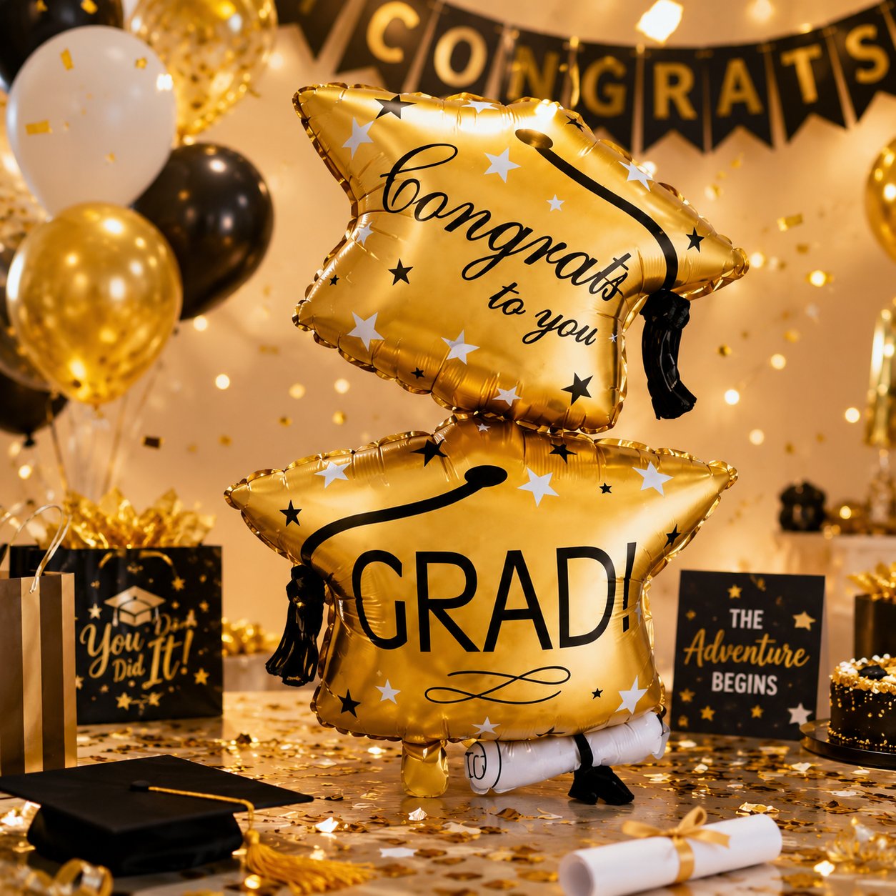 Folyo Balon Mezuniyet Partisi Gold-Altın çift katlı grad Kepli