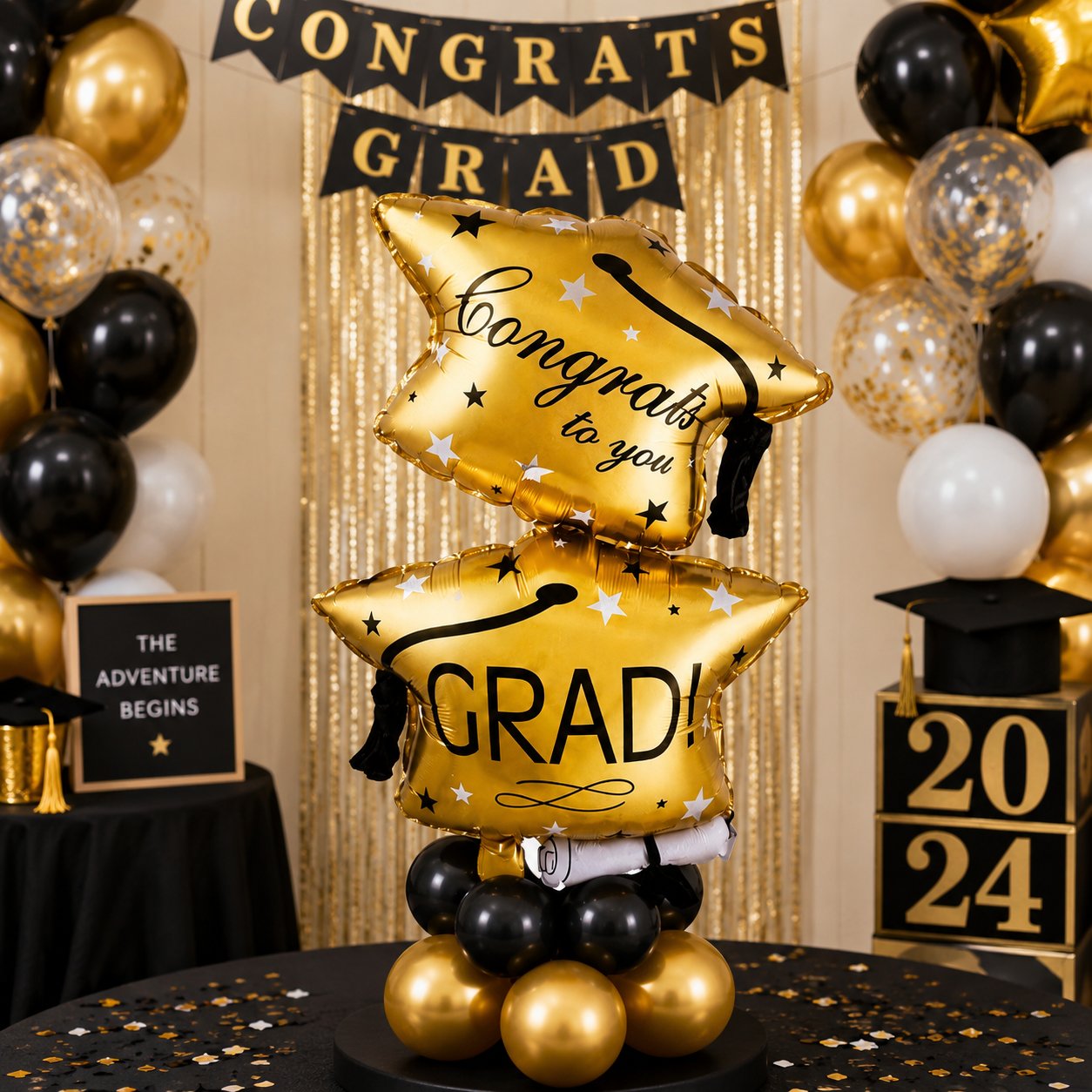 Folyo Balon Mezuniyet Partisi Gold-Altın çift katlı grad Kepli