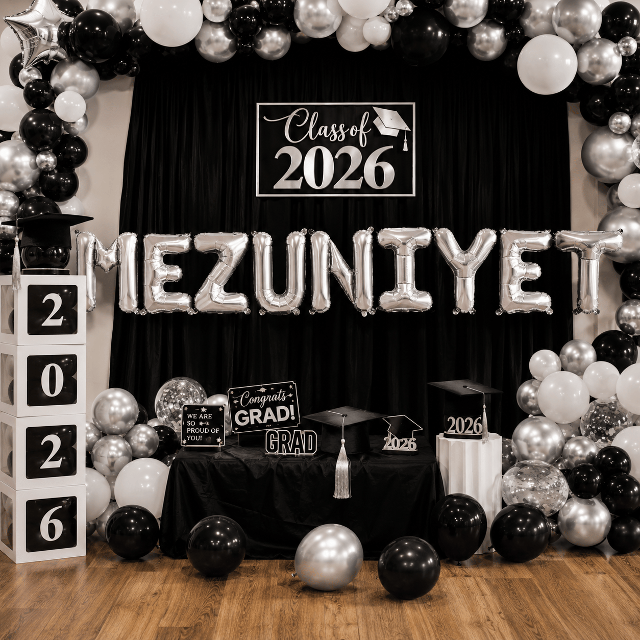 Folyo Balon Mezuniyet Yazısı Gümüş-Silver set 40 inç 100 cm 9 harf