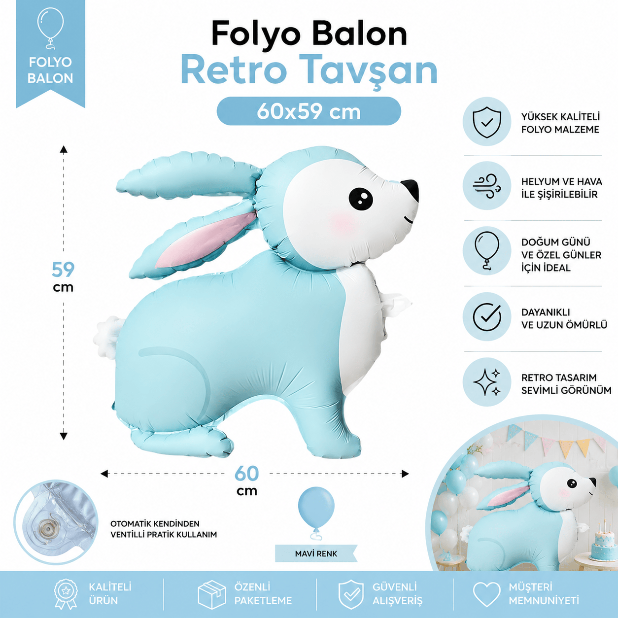 Folyo Balon -Retro Tavşan-60x59 Mavi