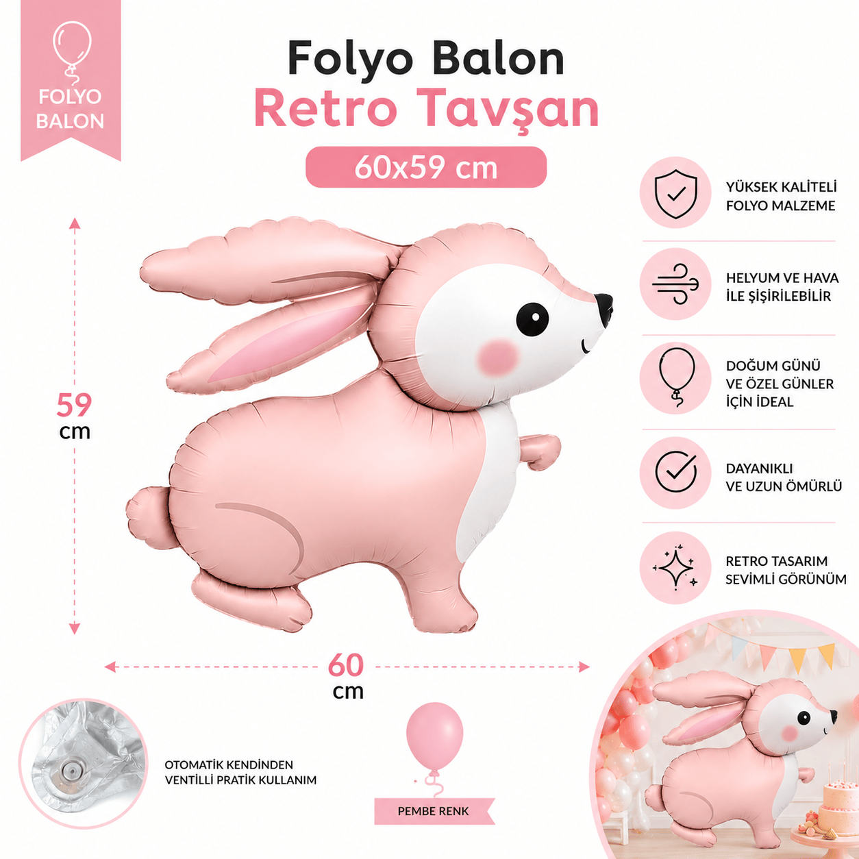 Folyo Balon -Retro Tavşan-60x59 pembe