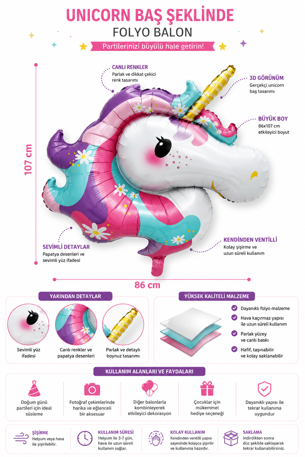 Folyo Balon -Unicorn Kafa-86 cm x 107 cm